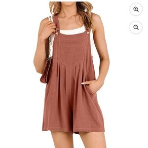 ANRABESS Linen Adjustable Strap Short Overalls rusty color size large
